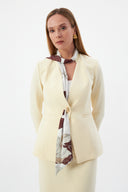 Women's Blazer Jacket and Pencil Skirt with Gold Button Detail and Scarf