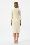 Women's Blazer Jacket and Pencil Skirt with Gold Button Detail and Scarf