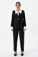 Black Women's Jacket and Trousers Set with White Collar and Gold Buttons