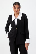 Black Women's Jacket and Trousers Set with White Collar and Gold Buttons