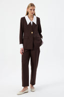 Brown Women's Jacket and Trousers Set with Gold Buttons and White Collar