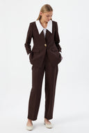 Brown Women's Jacket and Trousers Set with Gold Buttons and White Collar
