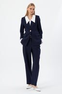 Gold Düğmeli Beyaz Yakalı Lacivert Kadın Ceket Pantolon Set