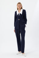 Gold Düğmeli Beyaz Yakalı Lacivert Kadın Ceket Pantolon Set