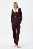Women's Jacket and Trousers Set with Gold Buttons and White Collar in Plum Color