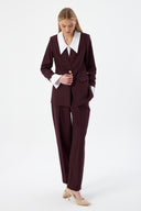 Women's Jacket and Trousers Set with Gold Buttons and White Collar in Plum Color