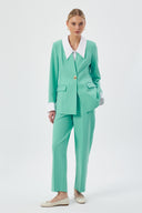 Turquoise Women's Jacket and Pants Set with Gold Buttons and White Collar