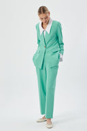 Turquoise Women's Jacket and Pants Set with Gold Buttons and White Collar