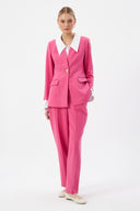 Pink Women's Jacket and Pants Set with Gold Buttons and White Collar