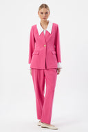 Pink Women's Jacket and Pants Set with Gold Buttons and White Collar