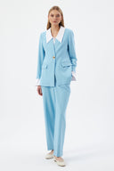 Gold Düğmeli Beyaz Yakalı Bebe Mavisi Kadın Ceket Pantolon Set