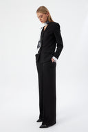 Siyah Kadın Ceket Pantolon Takım V Yaka Düğmeli Fular Detaylı