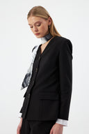 Siyah Kadın Ceket Pantolon Takım V Yaka Düğmeli Fular Detaylı