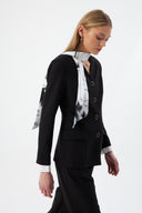 Siyah Kadın Ceket Pantolon Takım V Yaka Düğmeli Fular Detaylı