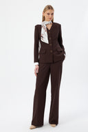 Brown Women's Jacket and Pants Set with V-Neck, Button-Down, and Scarf Detail 44221