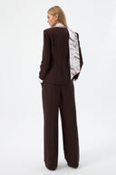 Brown Women's Jacket and Pants Set with V-Neck, Button-Down, and Scarf Detail 44221