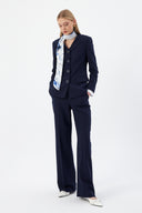 Lacivert Kadın Ceket Pantolon Takım V Yaka Düğmeli Fular Detaylı 44221