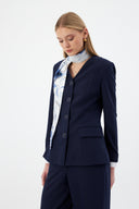 Lacivert Kadın Ceket Pantolon Takım V Yaka Düğmeli Fular Detaylı 44221