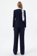 Lacivert Kadın Ceket Pantolon Takım V Yaka Düğmeli Fular Detaylı 44221
