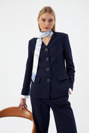 Lacivert Kadın Ceket Pantolon Takım V Yaka Düğmeli Fular Detaylı 44221