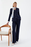 Lacivert Kadın Ceket Pantolon Takım V Yaka Düğmeli Fular Detaylı 44221