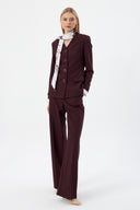 Plum Women's Jacket and Trousers Set with V-Neck, Button-Down, and Scarf Detail