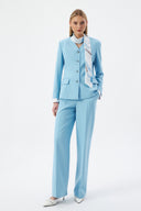 Baby Blue Women's Jacket and Pants Set with V-Neck, Button-Down, and Scarf Detail