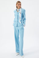 Baby Blue Women's Jacket and Pants Set with V-Neck, Button-Down, and Scarf Detail