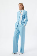 Baby Blue Women's Jacket and Pants Set with V-Neck, Button-Down, and Scarf Detail