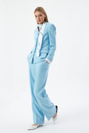 Baby Blue Women's Jacket and Pants Set with V-Neck, Button-Down, and Scarf Detail