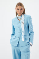 Baby Blue Women's Jacket and Pants Set with V-Neck, Button-Down, and Scarf Detail