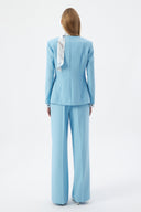 Baby Blue Women's Jacket and Pants Set with V-Neck, Button-Down, and Scarf Detail