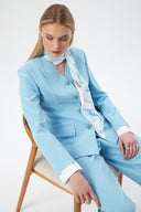 Baby Blue Women's Jacket and Pants Set with V-Neck, Button-Down, and Scarf Detail