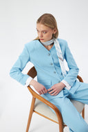 Baby Blue Women's Jacket and Pants Set with V-Neck, Button-Down, and Scarf Detail