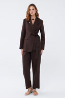 Kuşaklı Keten Kavherengi Blazer Takım