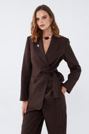 Kuşaklı Keten Kavherengi Blazer Takım