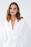 Kuşaklı Keten Ekru Blazer Takım