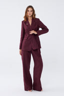Kuşaklı Keten Mürdüm Blazer Takım