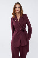 Kuşaklı Keten Mürdüm Blazer Takım