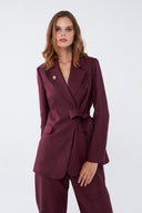 Kuşaklı Keten Mürdüm Blazer Takım