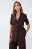 Kısa Kollu Blazer Kahverengi Keten Takım