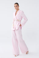 Desenli Kemer Detaylı Blazer Pembe Keten Takım