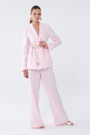 Desenli Kemer Detaylı Blazer Pembe Keten Takım