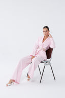 Desenli Kemer Detaylı Blazer Pembe Keten Takım