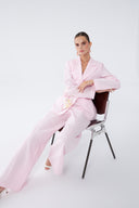Desenli Kemer Detaylı Blazer Pembe Keten Takım
