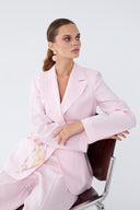 Desenli Kemer Detaylı Blazer Pembe Keten Takım