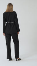 Çiçek Detaylı Siyah Kadın Blazer Ceket ve Geniş Paça Pantolon