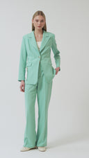 Turquoise Women's Jacket and Pants Set with Single Button and Belt Detail Blazer
