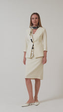 Women's Off-White Blazer Jacket and Pencil Skirt with Gold Button Detail and Scarf