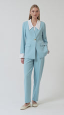 Gold Düğmeli Beyaz Yakalı Bebe Mavisi Kadın Ceket Pantolon Set